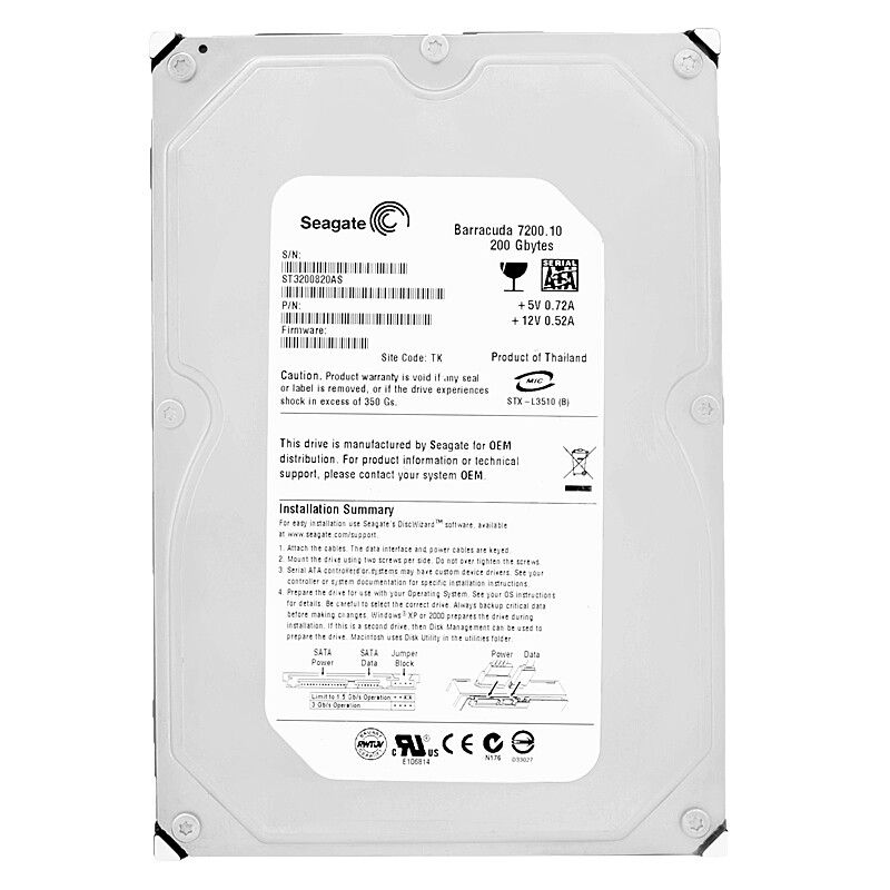 ハードドライブ Seagate 200Gb ST3200820AS 8Mb キャッシュ 7200Rpm Sata II 3.5 インチ