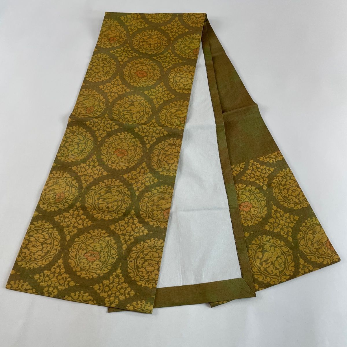 名古屋帯 美品 優品 縞 草花 縮緬 焦茶色 正絹 【中古】 名古屋帯 美品