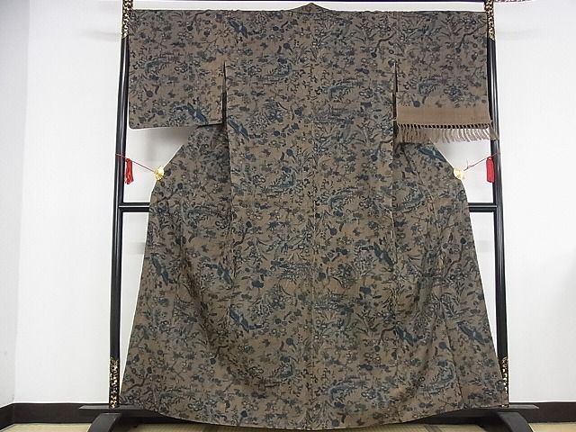 平和屋本店■極上　染織の名門　しょうざん 　生紬　小紋　更紗花鳥文　反端付き　正絹　逸品　KAAA1007kk4 平和屋本店□極上 染織の名門 しょうざん 生紬 小紋 更紗花鳥文 反端