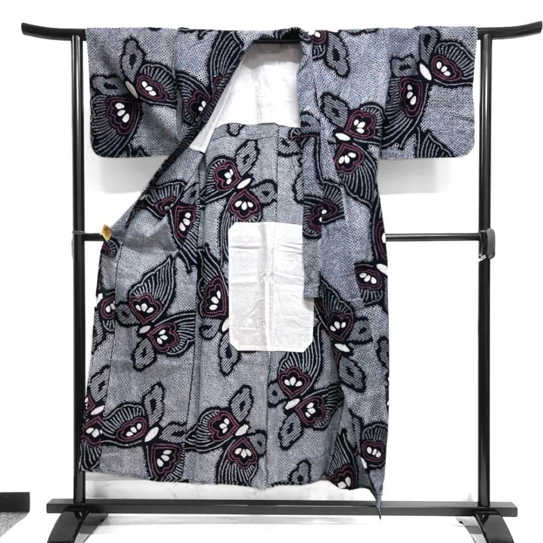 浴衣 有松鳴海絞り 花模様 杉綾紋 ギザギザ ネイビー 着物 034a d 有松