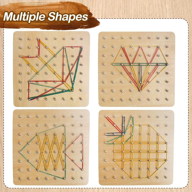 ラバーバンド付き木製ジオボード グラフィカル数学パターンブロック ジオボード - モンテッソーリ教育玩具 パターンカードとゴムバンド付き 図形を作る  STEMパズル マトリックス 頭の体操 0 - メルカリ