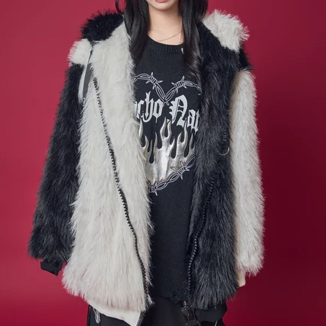 ウサギ耳フード付きオーバーサイズファーコート ファーケープ
