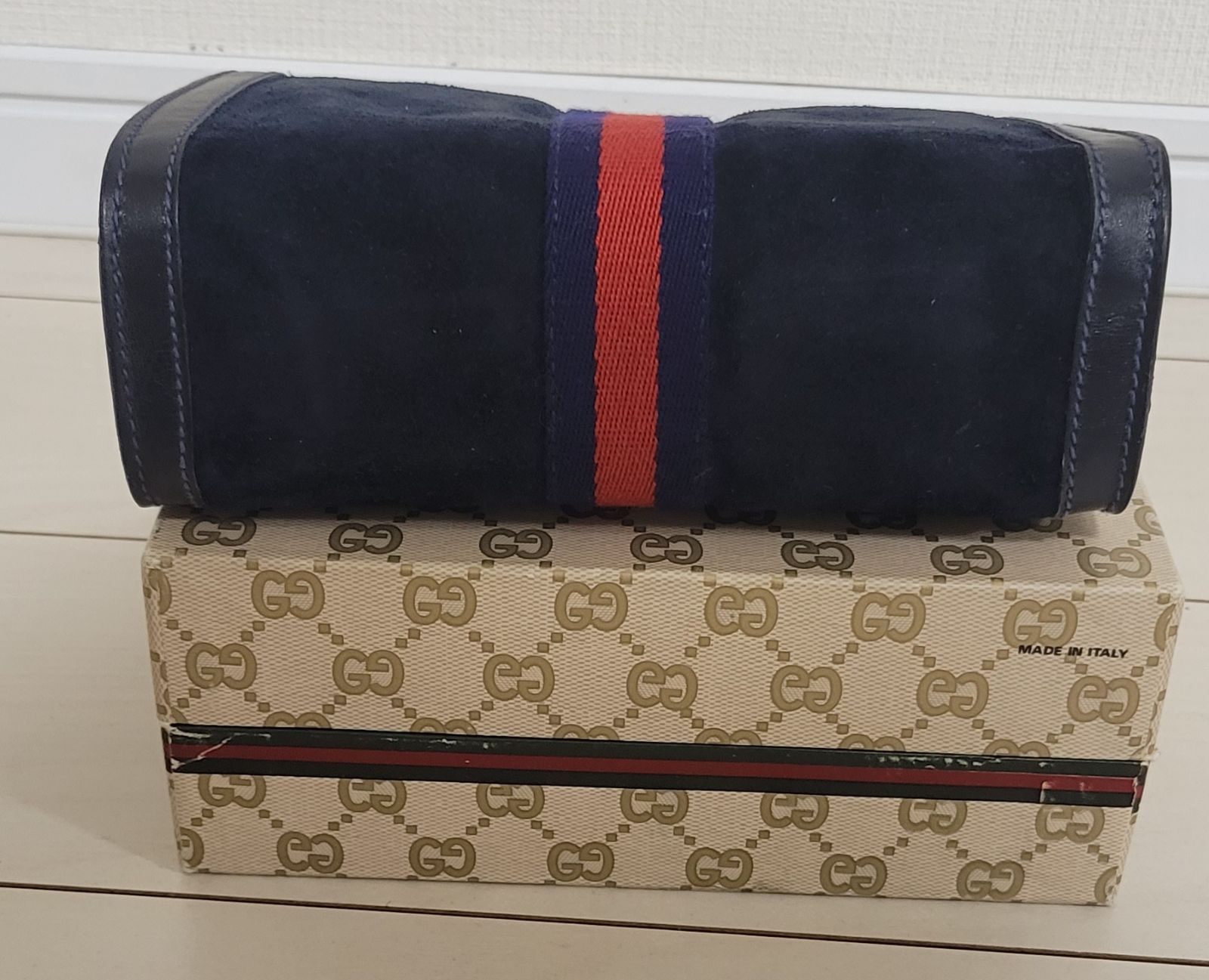 GUCCI グッチ　シェリーライン　GGモチーフ　スエード×レザー　クラッチバッグ　ネイビー　vintage　ヴィンテージ　オールドグッチ　hdkcg3