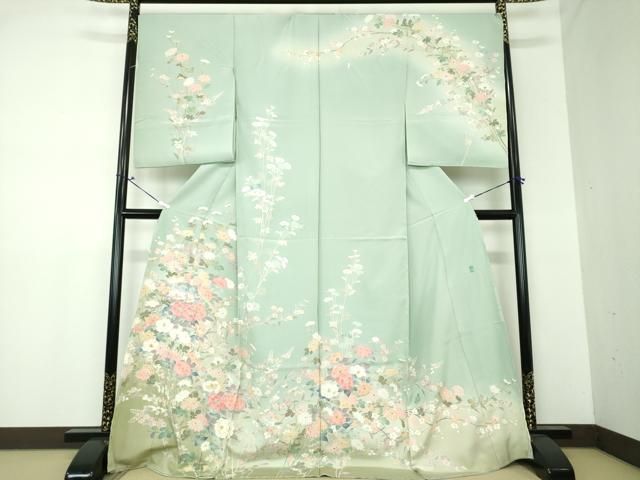 平和屋着物●訪問着　友禅　作家物　遠山屋形船草花文　暈し染め　上代38万　仮絵羽　正絹　逸品　未使用　CAAZ3735yc 平和屋着物○訪問着 友禅 作家物 吉祥花文 暈し染め 上代40万 仮絵羽