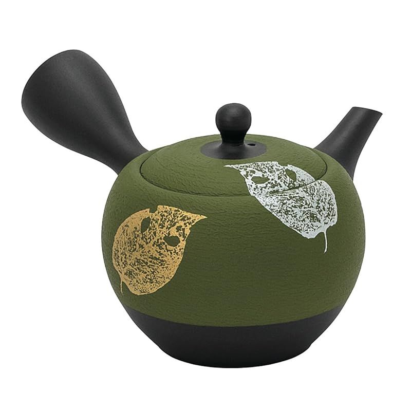 常滑焼 急須 9-145 昭萠 17号 緑丸ノタ木の葉急須 300ml セラメッシュ 煎茶用 箱入り T1528