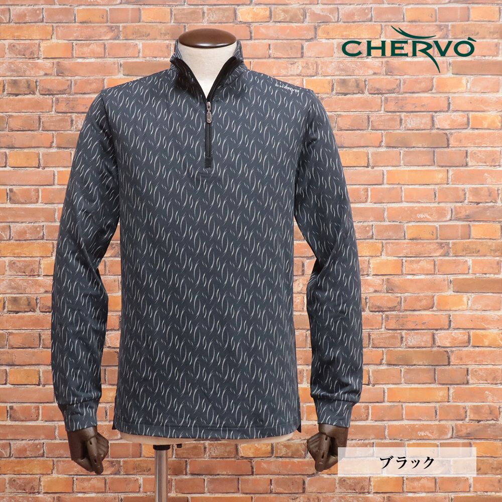 CHERVO|50サイズ|ハーフジップシャツ TULIP 総柄プリント 速乾 快適 機能性 ミドラー カットソー 長袖 ゴルフ |黒|ブラック|md125|