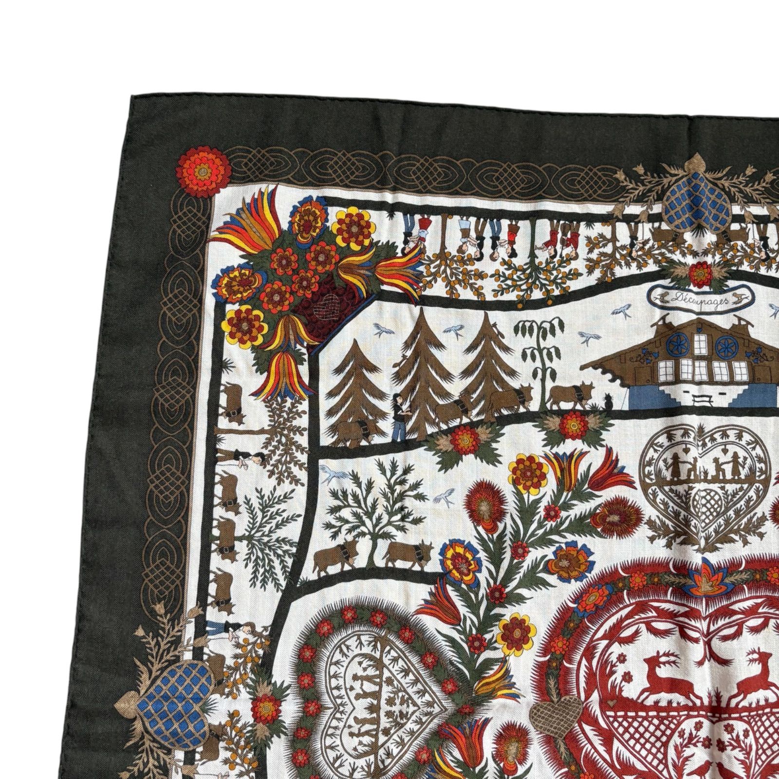 HERMES エルメス カレジェアン カレ90 カシシル デコパージュ ハートや美しい花柄と風景が描かれた ストール スカーフ