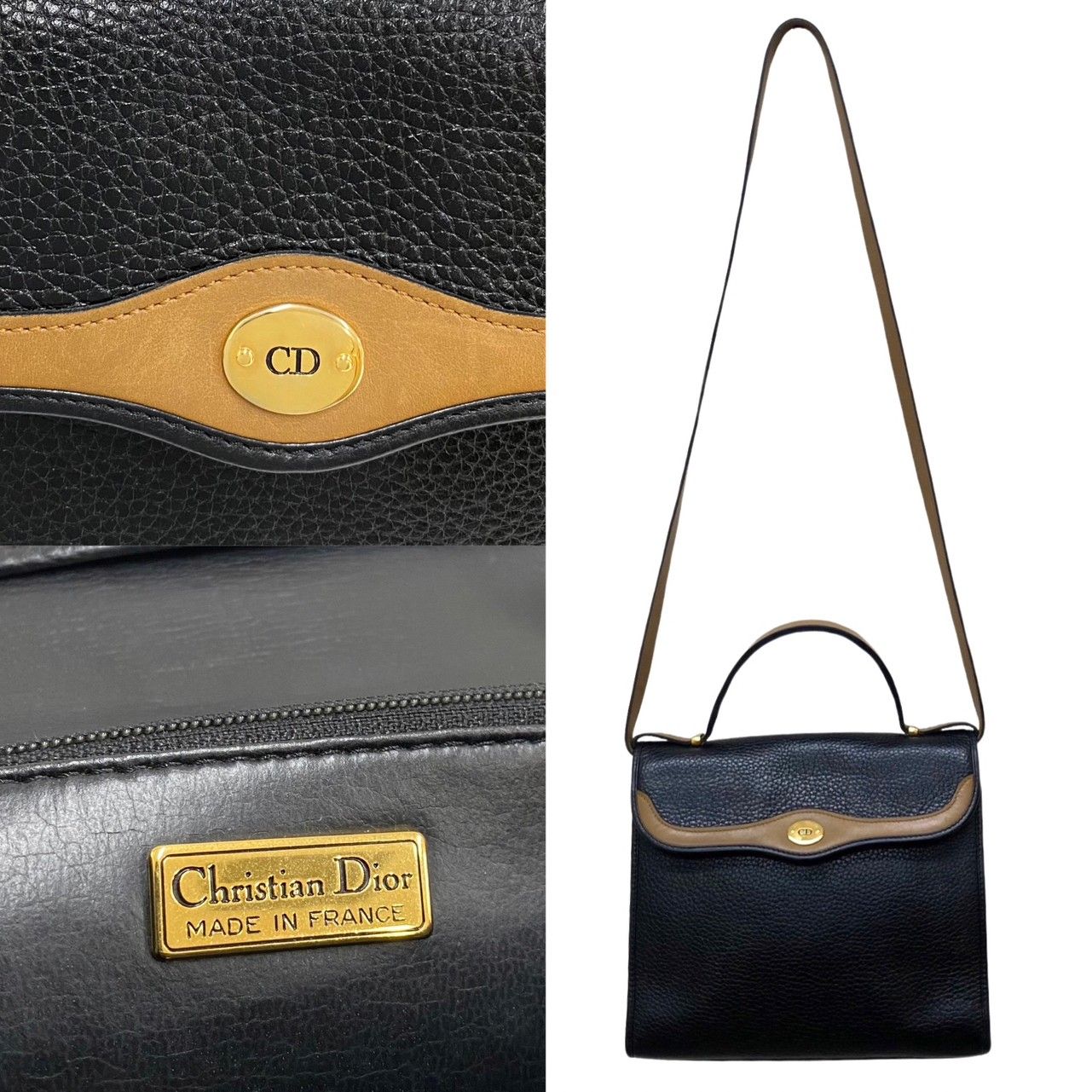 極 美品 Christian Dior ディオール CD ロゴ レザー 本革 2way ハンドバッグ ミニ トートバッグ ショルダーバッグ ブラック  黒 39302