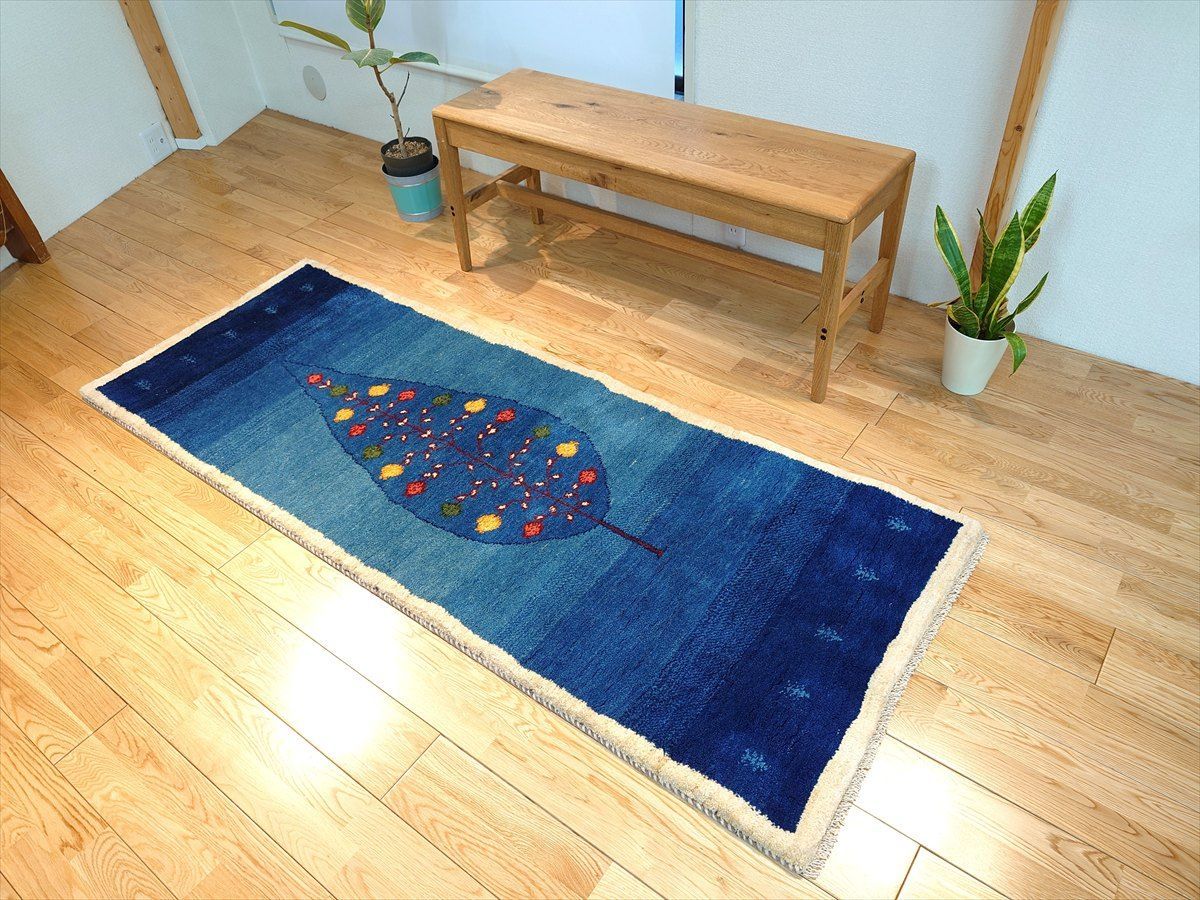 ペルシャ ギャッベ ランナー大 リビング 廊下敷 ラグ 195x75cm ザクロの木と実 青色 RJ13434