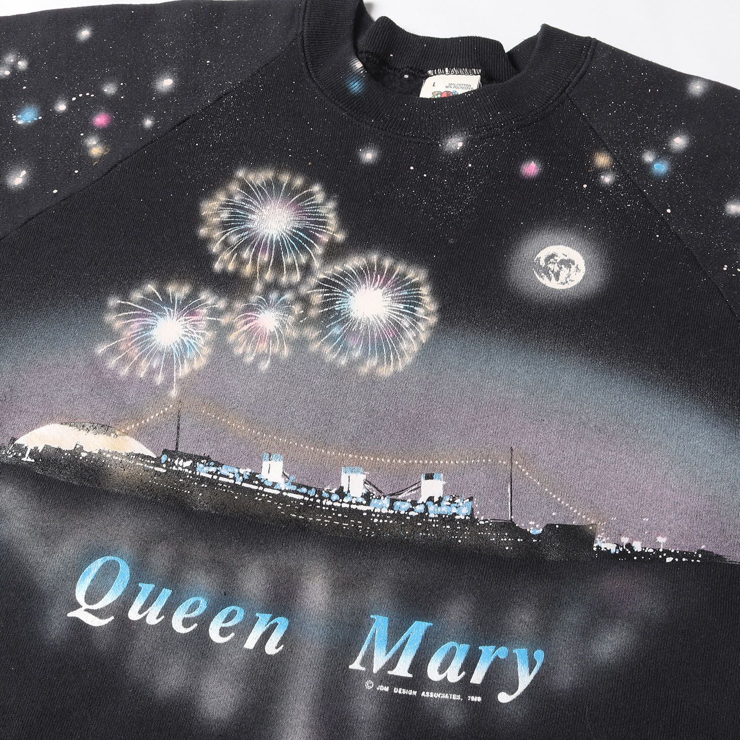 80s Queen Mary ラグラン クルーネック スウェットシャツ / 80年代 USA製 FRUIT OF THE LOOM フルーツオブザルーム ブラック 黒 L U.S.VINTAGE ヴィンテージ トップス トレーナー 長袖 アメカジ 【メンズ】