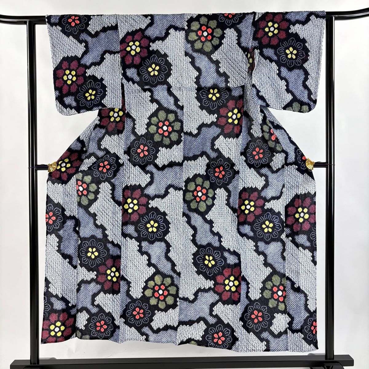 浴衣 身丈152cm 裄丈61cm S 絞り浴衣 花 紺色 綿 名品