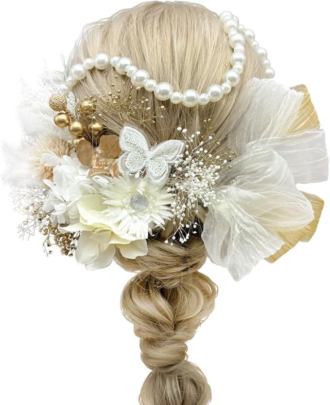 【在庫処分】[Usasaki] 髪飾り 成人式 前撮り マム アジサイ 卒業式 入学式 カスミ草 ドライフラワー振袖 袴 ウェディング 結婚式 和装 赤 白 黒 ベリーピック パールチェーン 蝶々 ヘアアレン