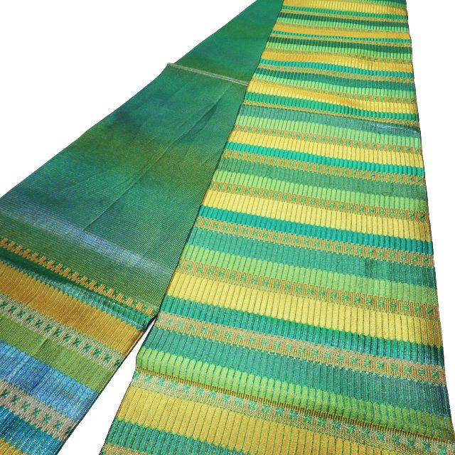 特選 丸帯 リサイクル 正絹 フォーマル 仕立て上がり 六通 新佐波理 吉祥甲冑定 箔糸 緑系色 多色 きもの北條 A 1063-13