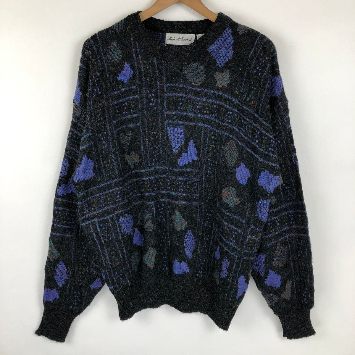【古着】 michael herald 総セーター ジャガード アート ヴィンテージ グレー系 メンズL 【中古】 n021481