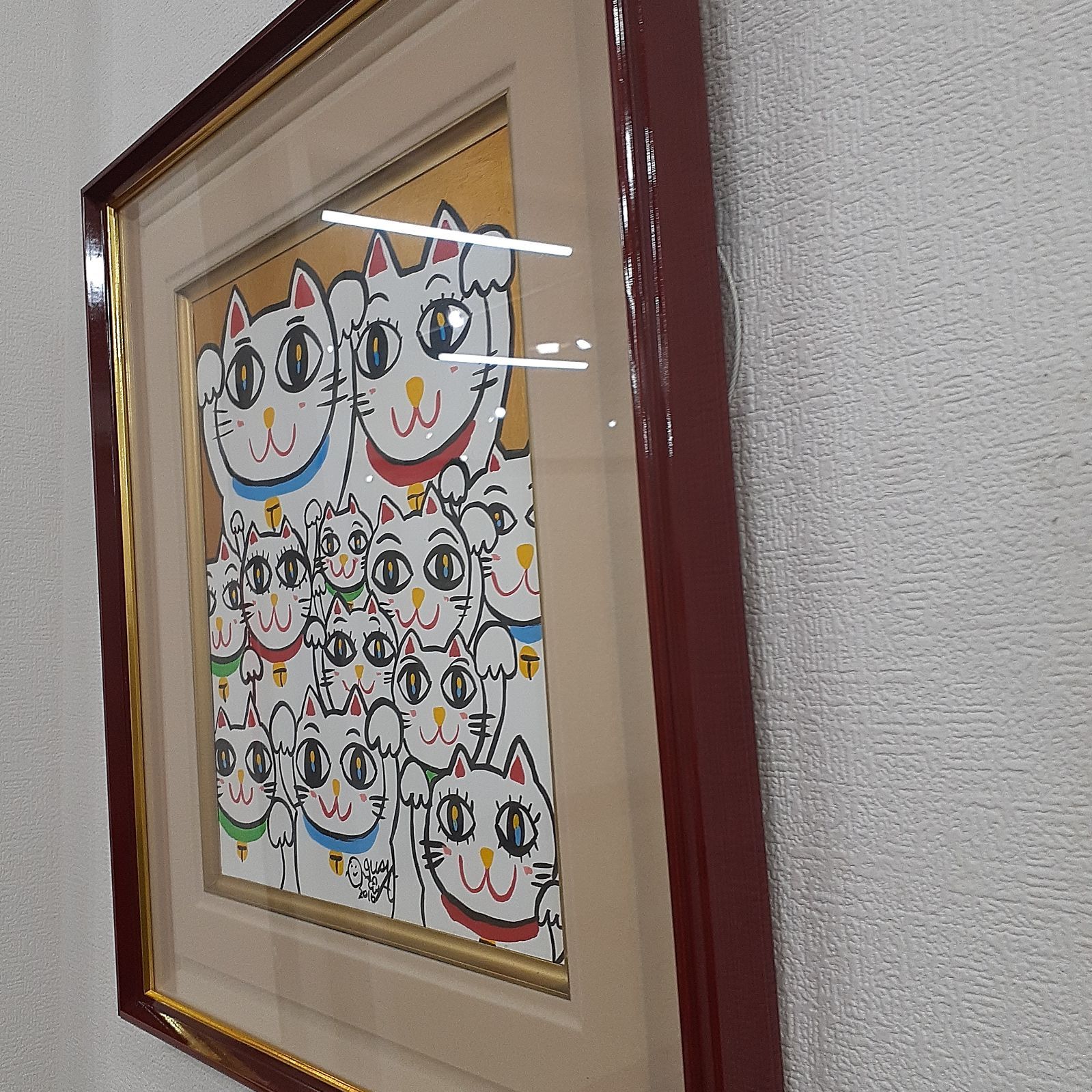 カラフルな招き猫のポップアート絵画色紙サイズ画家小楠アキコ作品
