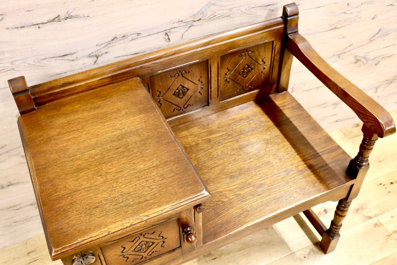 GMIS283 西洋アンティーク イギリス テレフォンベンチ チェア 椅子 レトロ ヨーロピアン クラシック ヴィンテージ オーク無垢材 MARWIL-DEMENAGEMENTS_CH