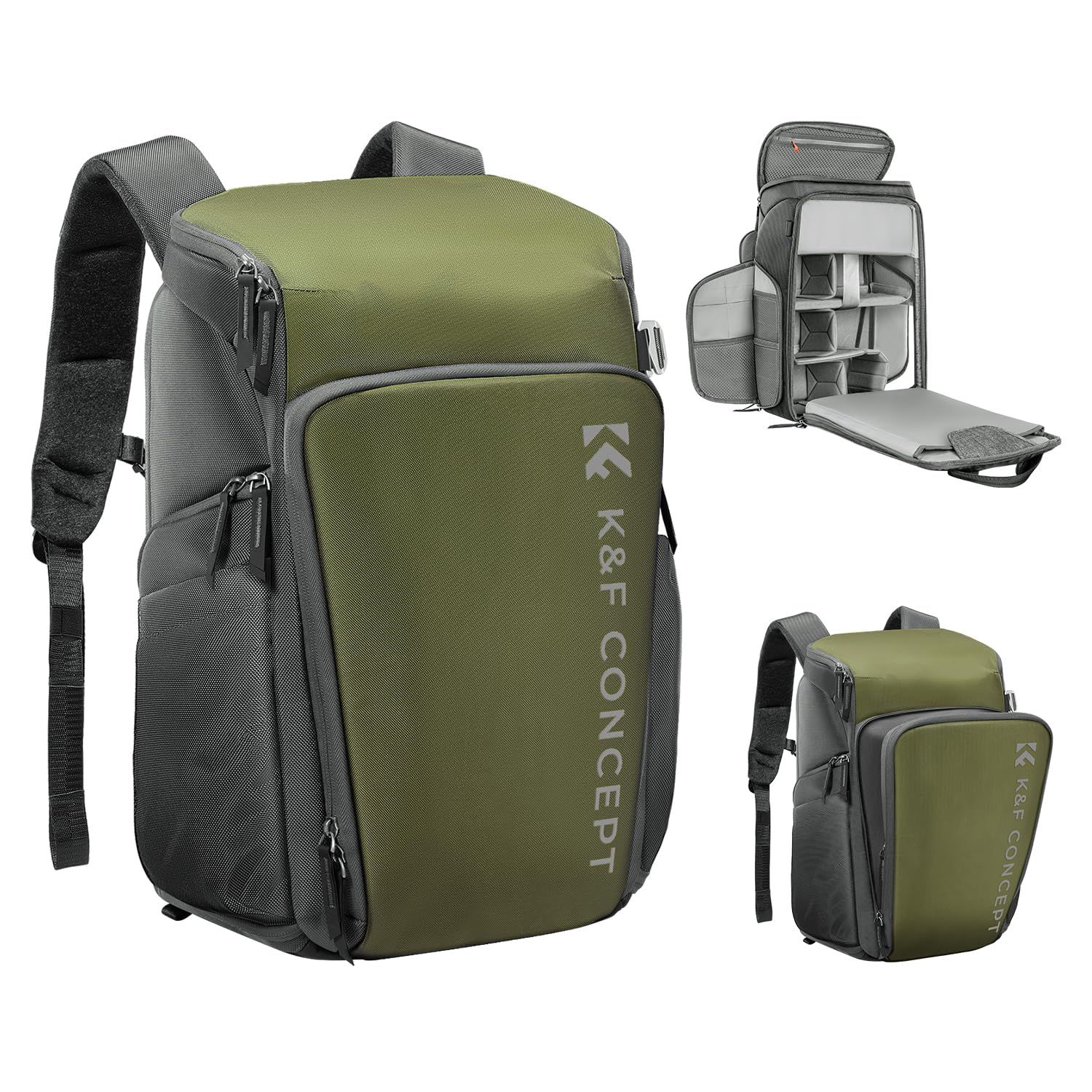 K-F Concept カメラバッグ カメラバックパック カメラリュック 25L 大容量 おしゃれ 2気室 多機能 男女兼用 一眼レフバック 容量拡張可 一眼レフ|16インチPC|三脚収納可 旅行|登り|出張|アウトドア撮影バックパック 05-グ