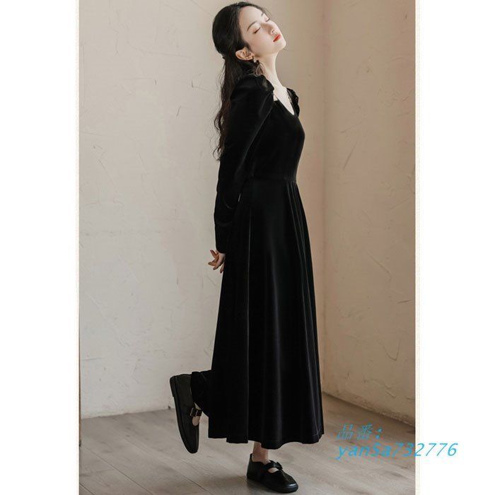 長袖ロングベロアワンピース