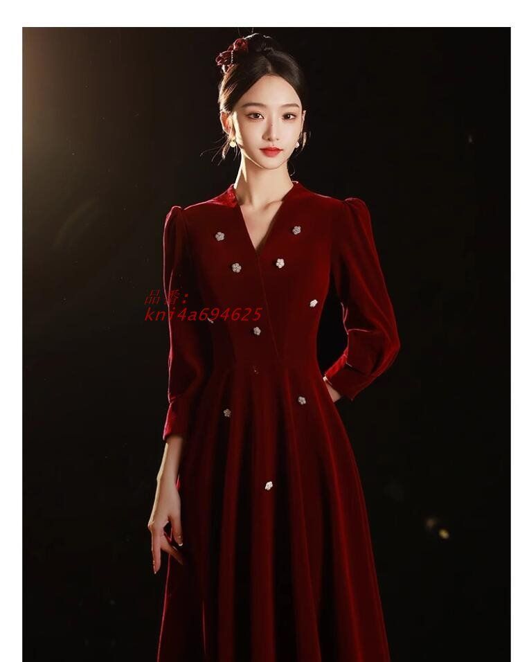 イブニングドレス ワイン赤 ベロア 誕生日 ロング丈 Vネック ラインストーン 結婚式ドレス 長袖 パーティードレス お呼ばれドレス 発表会ドレス kni4a694625