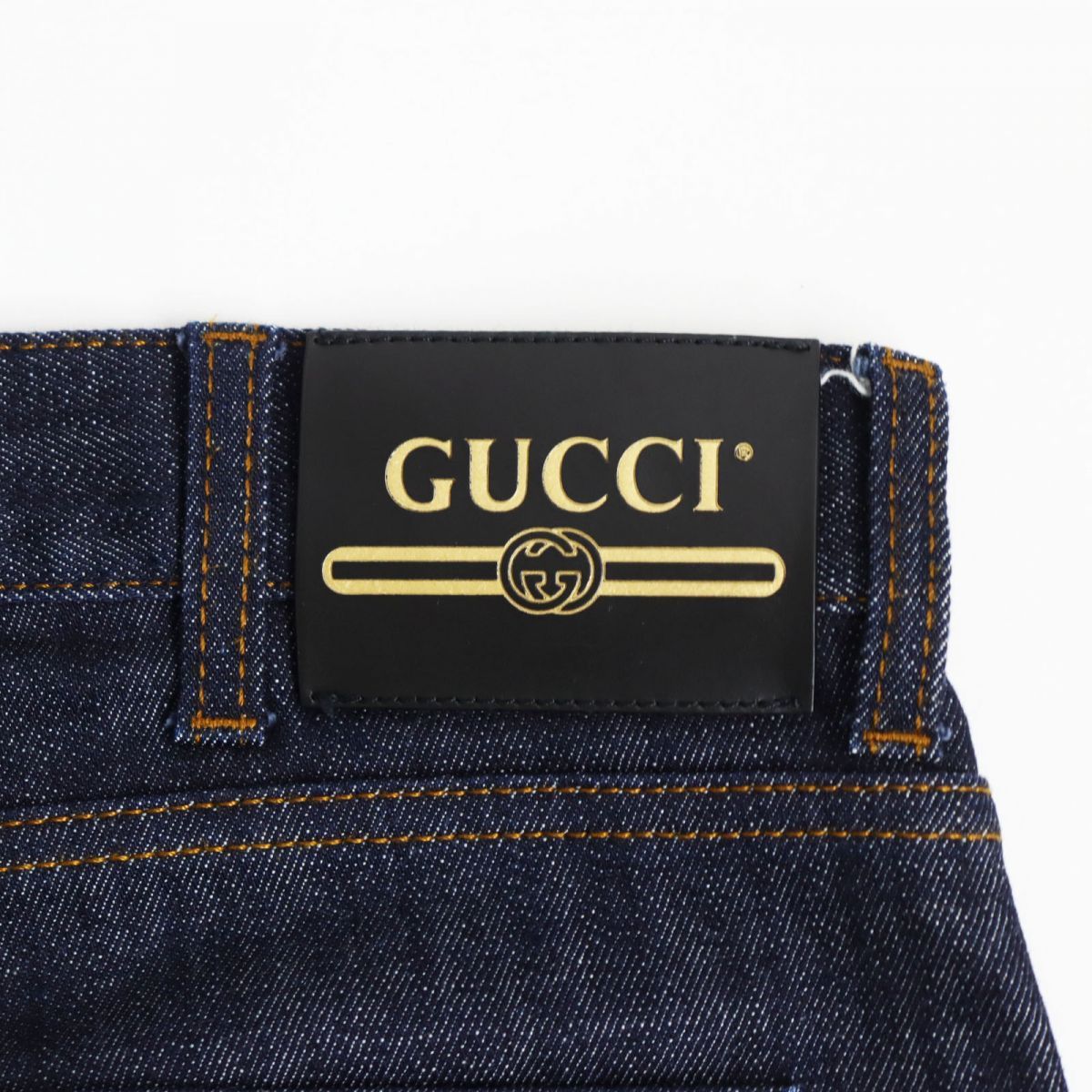 良品○GUCCI グッチ 408637 レザーロゴパッチ ボタンフライ デニム