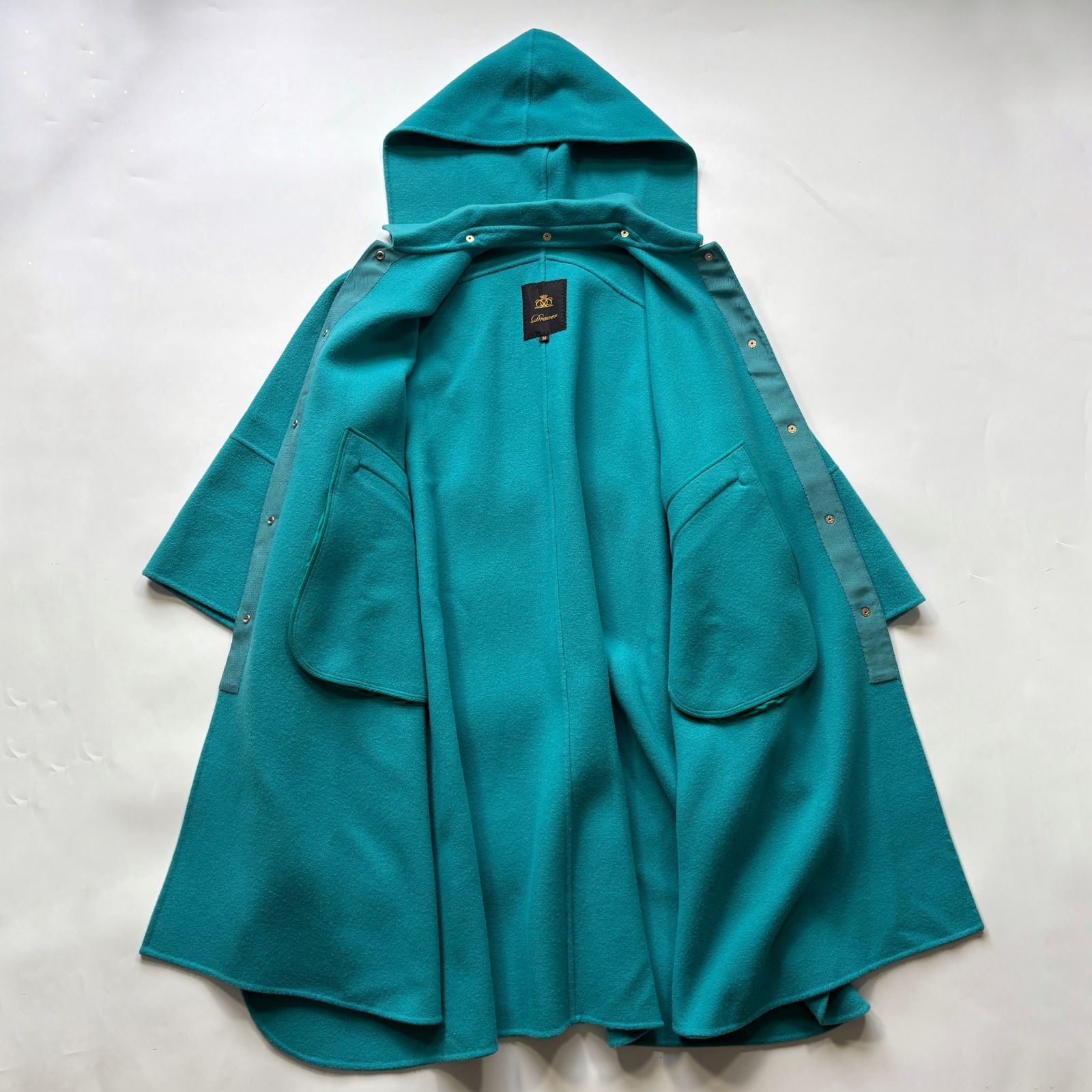 Drawer ドゥロワー ウール ケヌキ ポンチョ コート ターコイズブルー フード取り外し 36サイズ