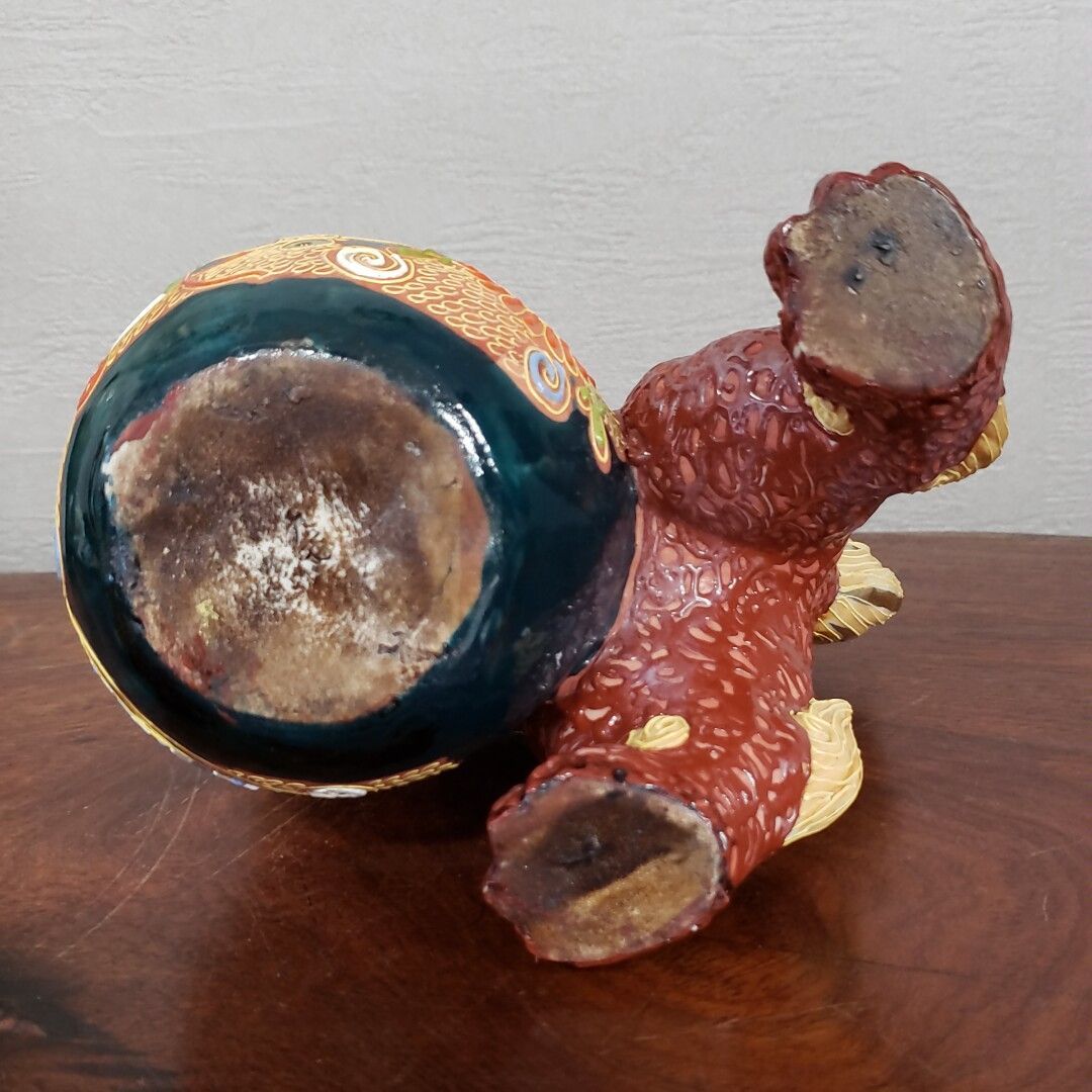 九谷焼 色絵玉獅子 高さ18cm 重さ858g 狛犬 シーサー 獅子 陶器