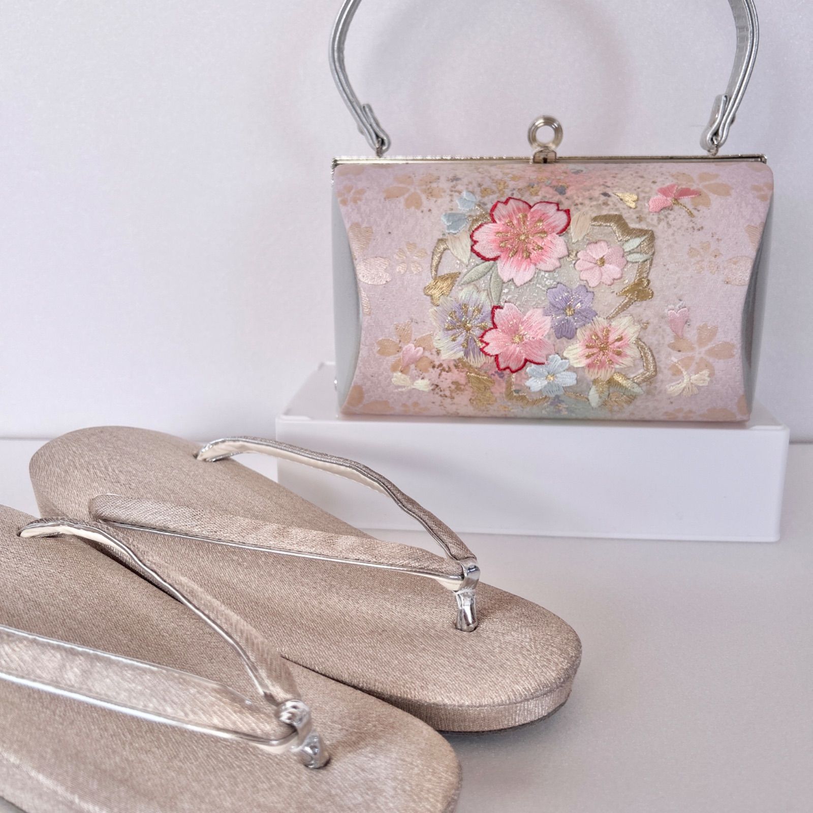 振袖用 成人式用 草履バッグセット 桜刺繍 ピンク×シルバー 草履23cm