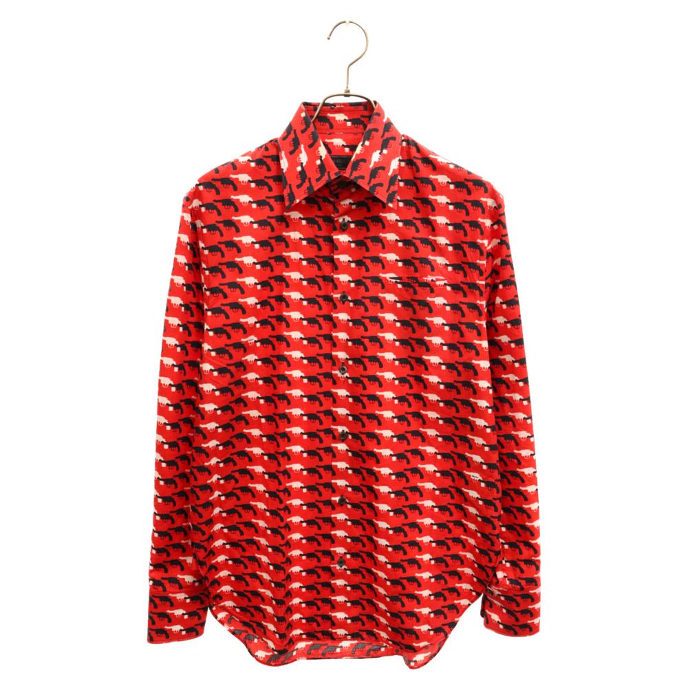 ✨美品✨PRADA 00's 長袖シャツ ヴィンテージ ピストル柄 拳銃柄 PRADA (プラダ) ピストルプリント総柄 長袖シャツ UCM825 レッド