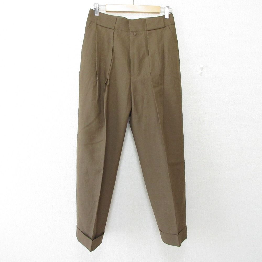 MARGARET HOWELL マーガレットハウエル SOFT WOOL LINEN リネンブレンド タック テーパードパンツ スラックス 2 ブラウン レディース 古着