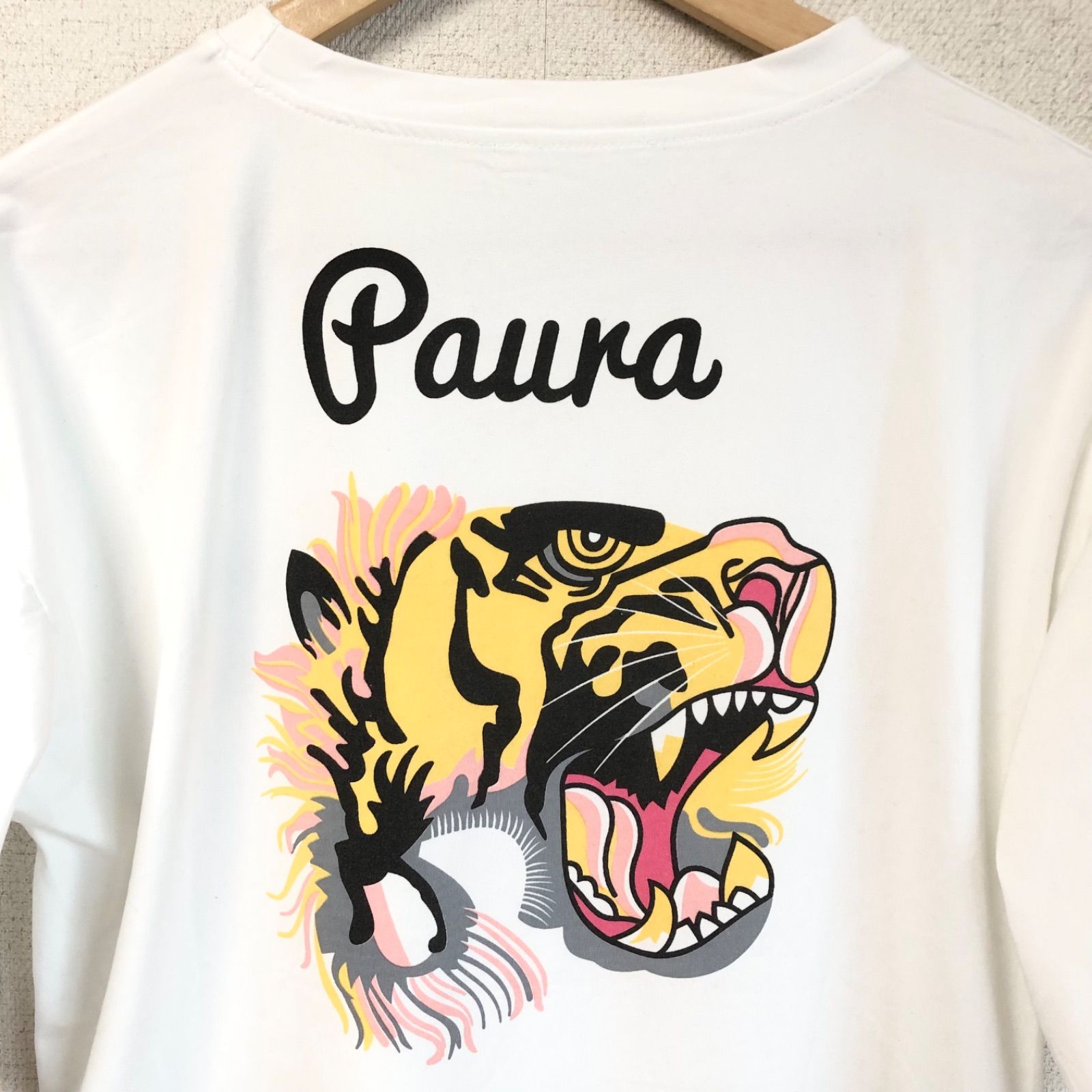 (^w^)b Paura Di nessuno Tシャツ 白 ホワイト カットソー プリント トップス カジュアル tiger 虎 トラ カットソー  春 夏 秋 韓国 和柄 大胆 トレンド ポリエステル メンズ スカジャン ガントラ ビッグフェイス - メルカリShops