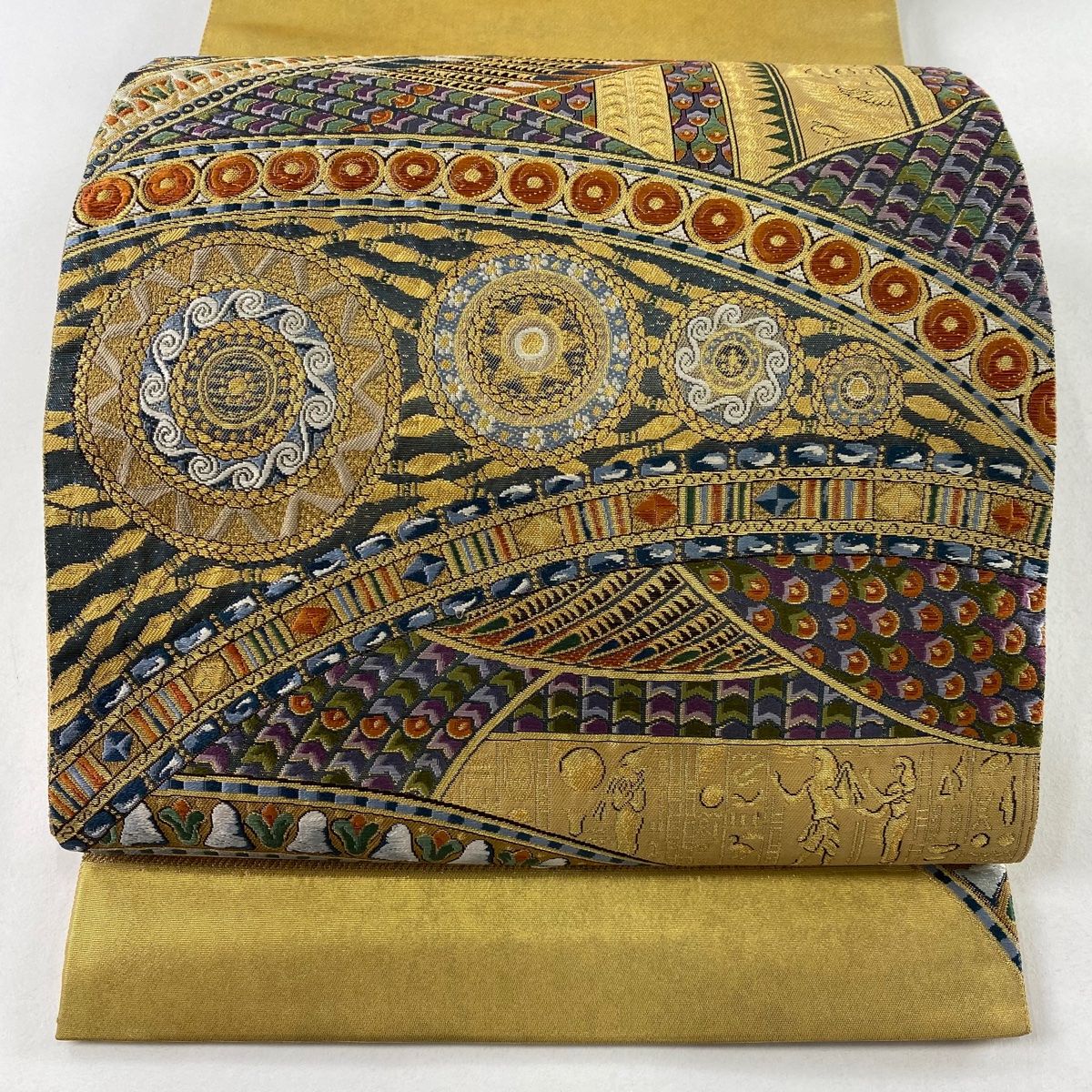 H-648 袋帯 正絹 お太鼓柄 金糸 箔 華模様 花丸模様 扇柄 金