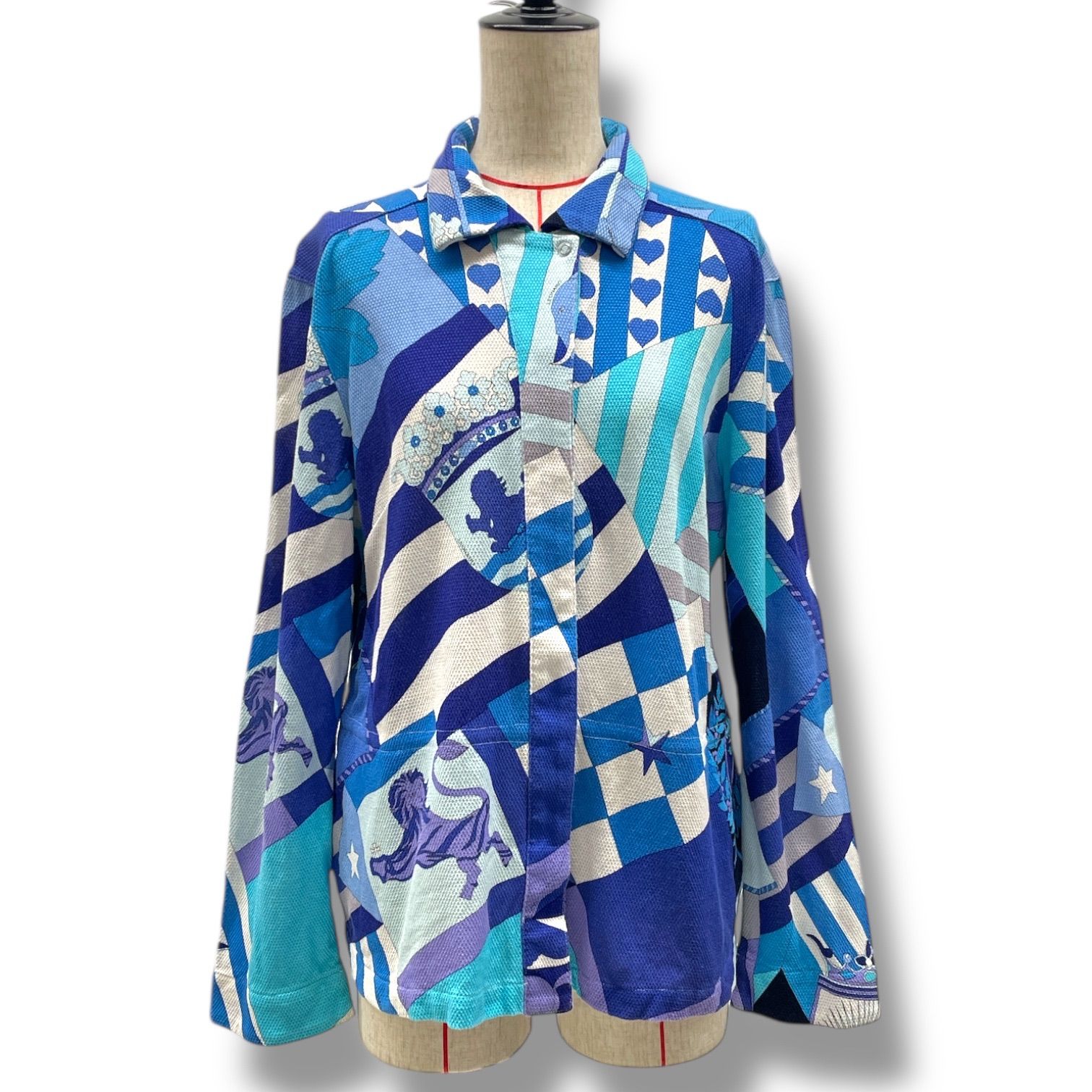 LEONARD SPORT レオナール スポーツ 総柄 ポロシャツ シャツ ブラウス 長袖 ドローコード ドットボタン トップス 0591530 青 ブルー 白 ホワイト 40サイズ レディース 春 秋 ゴーゴー古着マルイ北千住店 1 No.1014