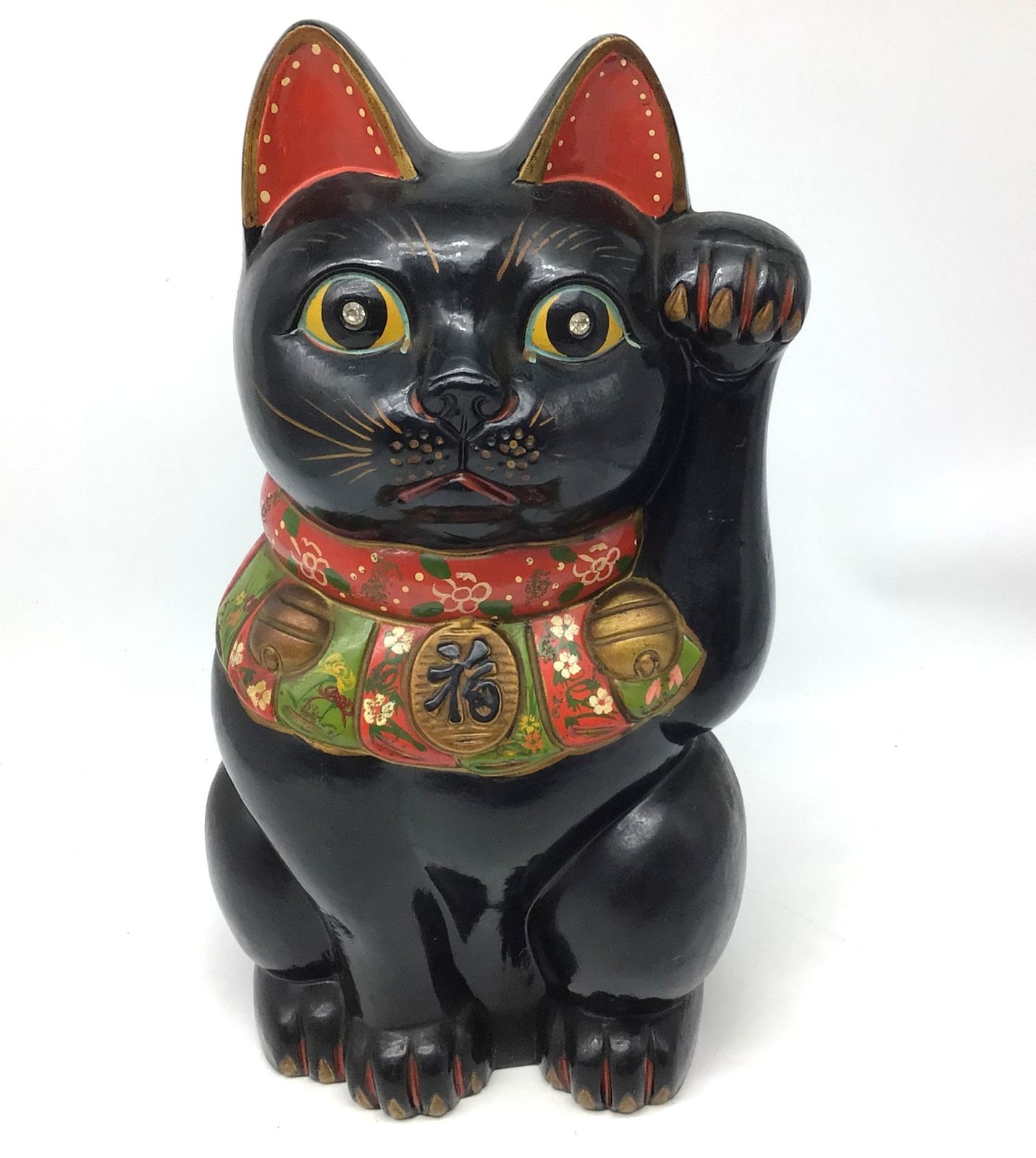 6086 常滑焼 招き猫 黒 左手 大型 約36ｃｍ 陶器 開運招福 縁起 商売繁盛 オブジェ 風水 置物