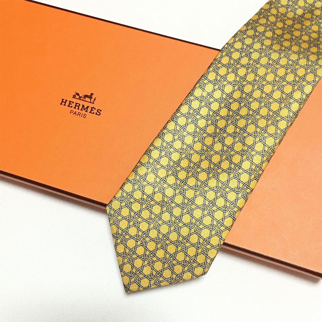美品 エルメス HERMES ネクタイ シルク100% イエローオレンジ 総柄