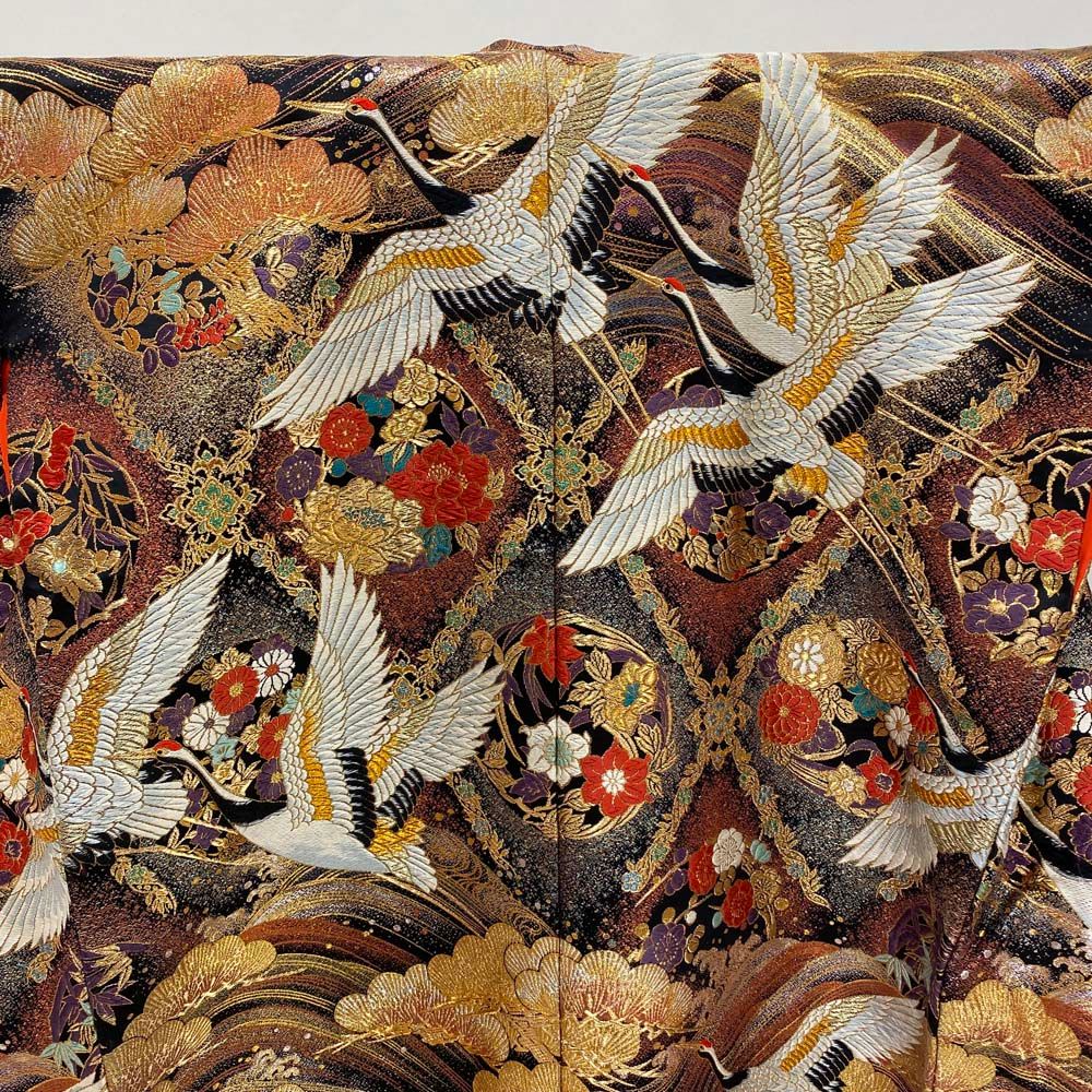 色打掛 正絹 鶴 刺繍 金 黒 打掛 Mサイズ 裄66.5 花嫁衣裳 婚礼  