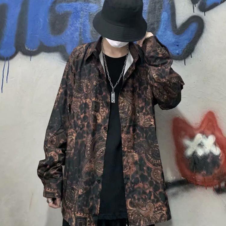 韓国 ストリート 総柄シャツ ロングスリーブシャツ ルーズ 6641 バンダナ柄 ペイズリー柄 シャツ ゆったり 韓国 ファッション