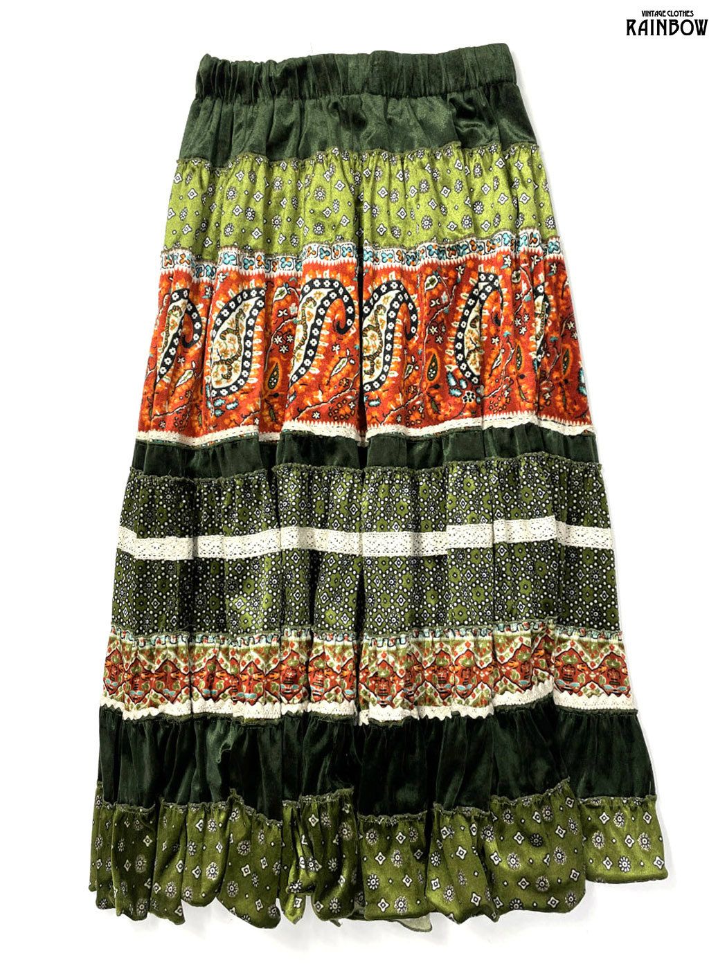 古着 レース 総柄 ペイズリー柄 ベロア ロング丈 ティアード スカート 緑 btu2508018