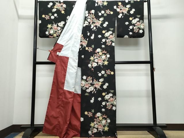 平和屋着物○小紋 草花文 黒地 鬼しぼ縮緬 洗える着物 CAAS8710vf