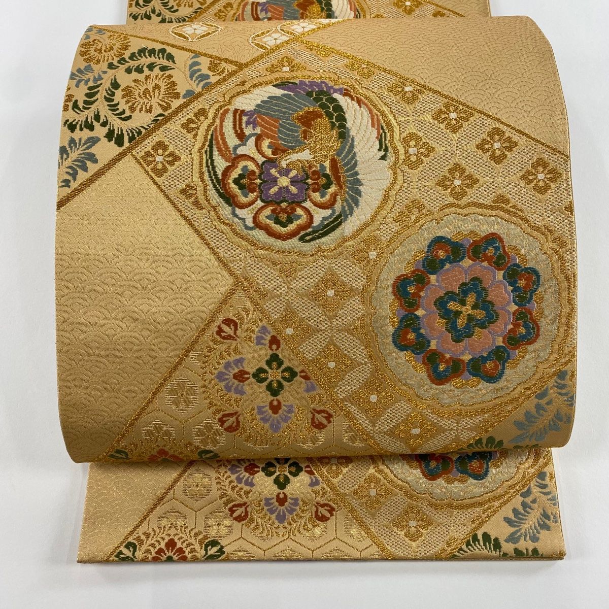 袋帯 秀品 華文 鳥 箔 金糸 薄茶色 六通 正絹