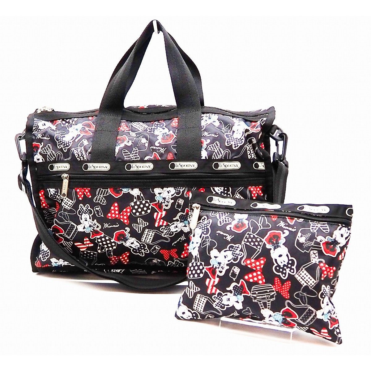 【中古】【S 新品同様品】LeSportsac レスポートサック ディズニーコレクション ミニーマウス バッグ ボストンバッグ 旅行鞄 旅行バッグ  ショルダーバッグ 2WAY ブラック レッド ホワイト ポリエステル シルバー金具 ポーチ付き 日本限定品