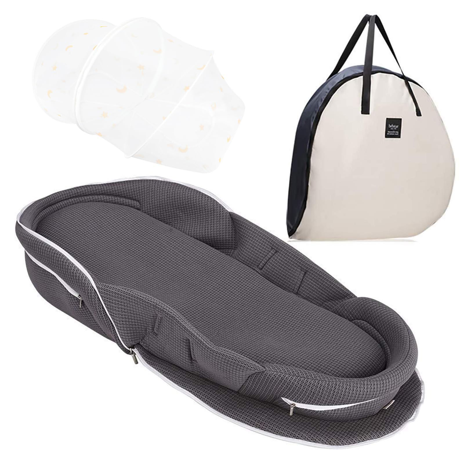 ベビーアムール Bebamour ベビーベッド 折りたたみ式 ベッドインベッド 添い寝 簡易ベッド 新生児 携帯型ベビーベッド 通気性 高さ調整可 機械洗い グレー