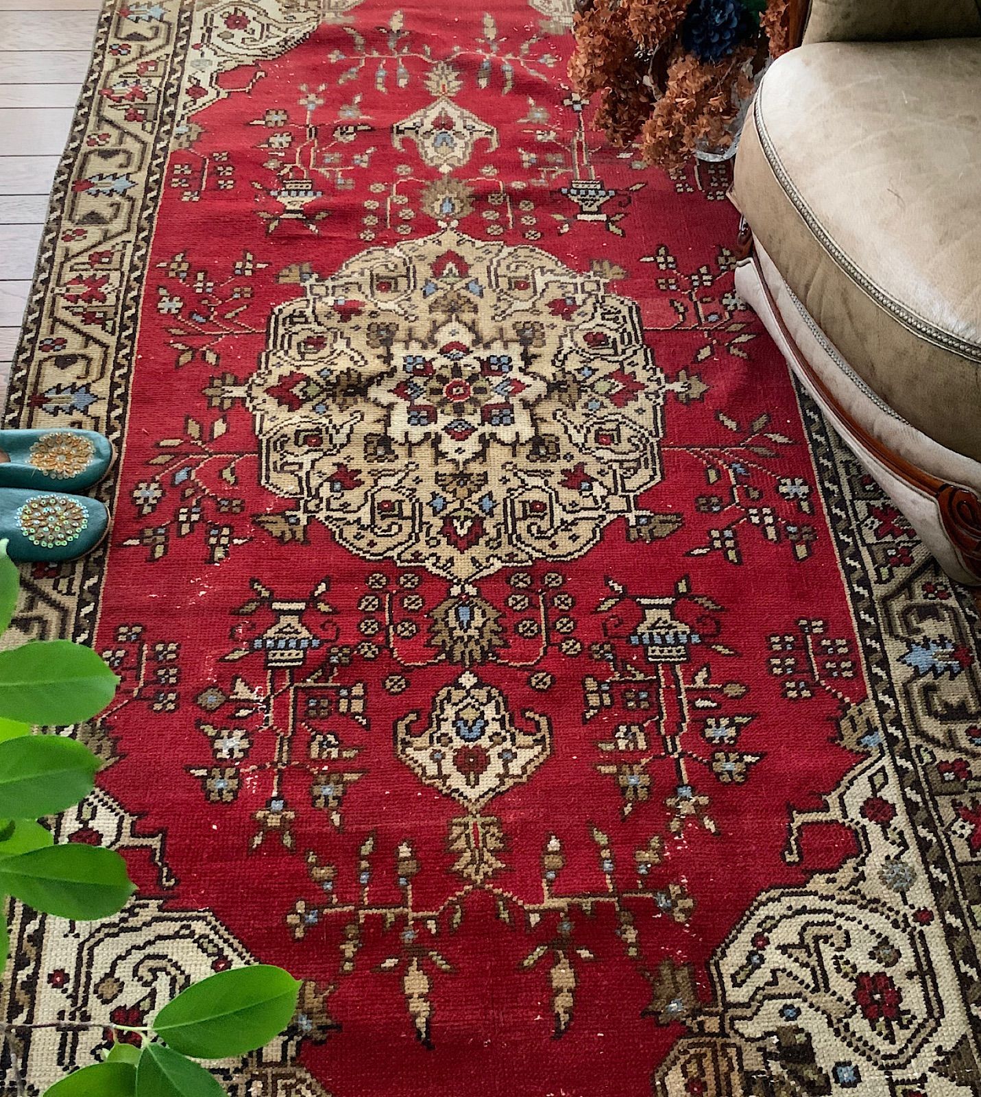 超大判 267×125 深みレッド メダリオン トルコヴィンテージラグ 絨毯 カーペット ヴィンテージ 手織り ラグ トルコラグ