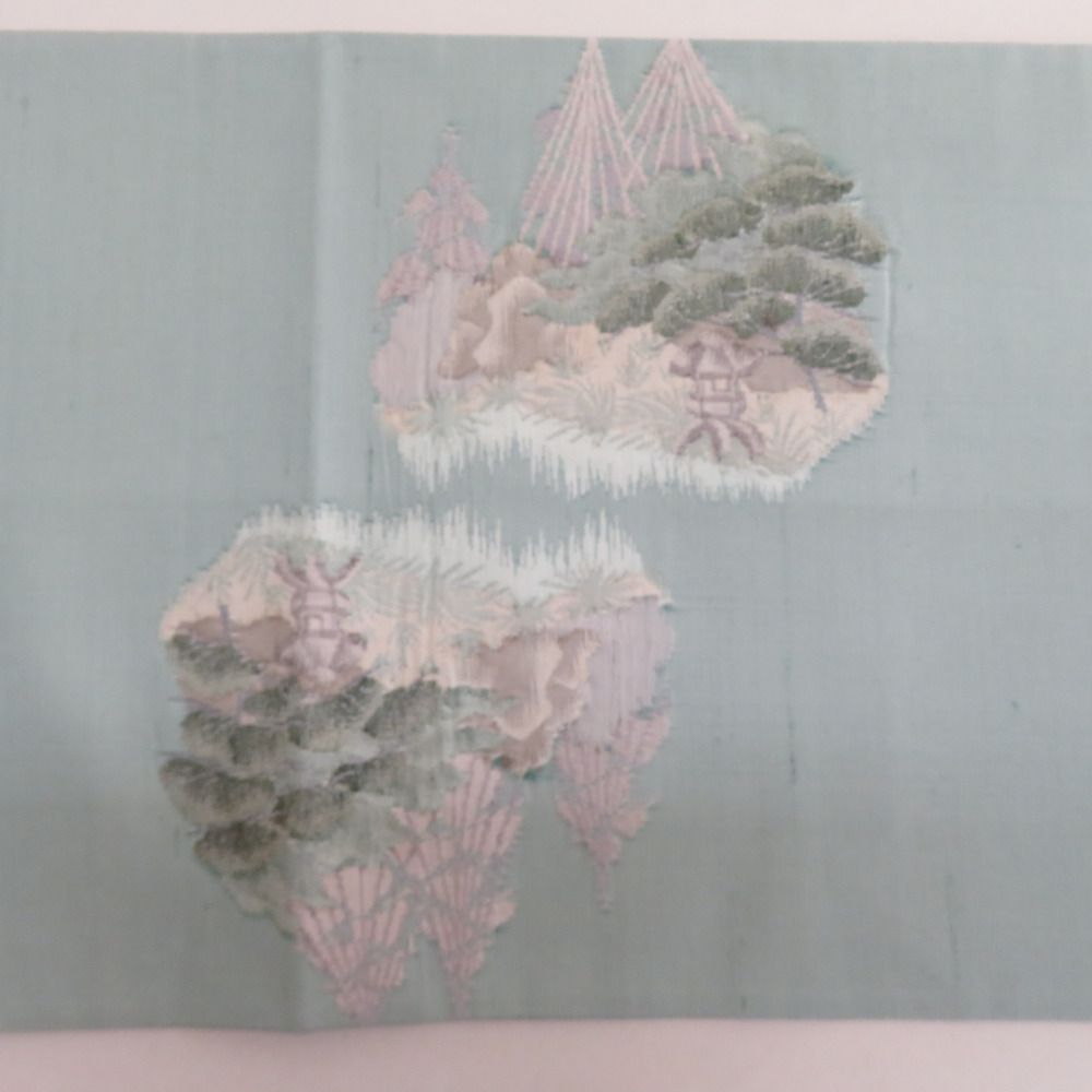 袋帯 洒落袋帯 紬帯 兼六園文様 お太鼓柄 薄緑x灰色x正絹 仕立て