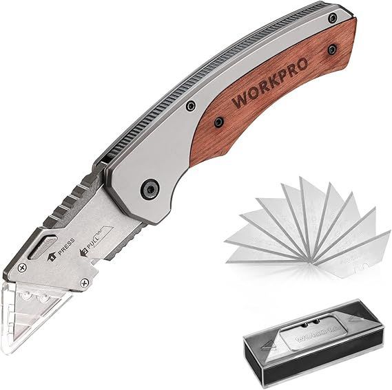 【在庫処分】WORKPRO ユーティリティナイフ カッターナイフ 折り畳みカッター ライナーロック 木製ハンドル ベルトクリップ SK5 交換用ブレード10枚付