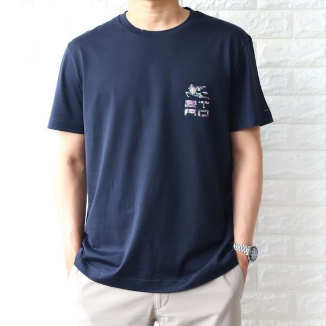 エトロ 半袖 Tシャツ メンズ ETRO ネイビーブルー ペイズリー ペガサス ロゴ 1Y020 9509