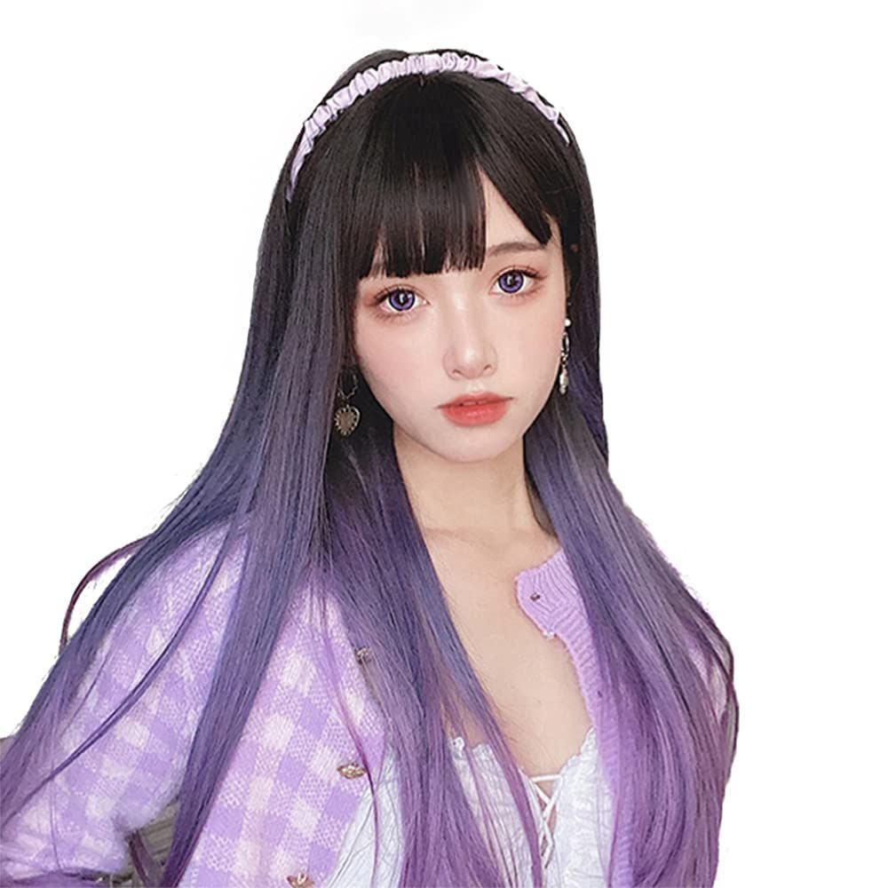 【人気商品】小顔 ロリィタ かつら 自然 フルウィッグ ブラック 黒 耐熱 パープル紫 グラデーション ロング ネット付き ストレート Vigorousウィッグ