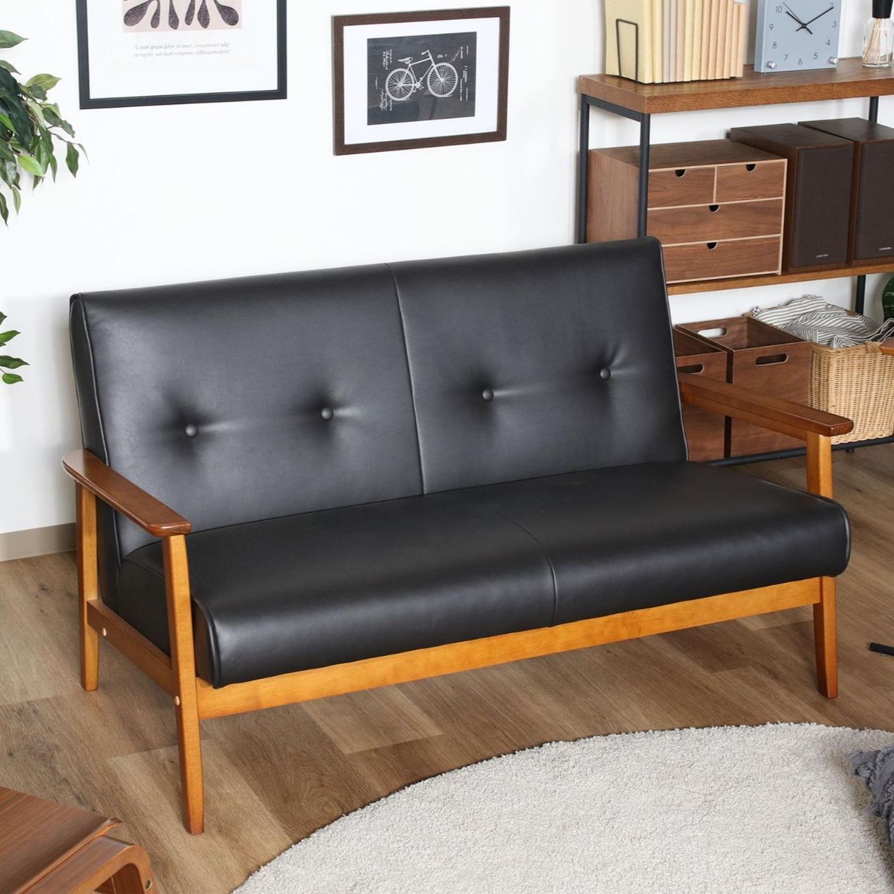 ♪2人掛 ウッドフレーム レザー調ソファ ダークブラウンカラー［幅