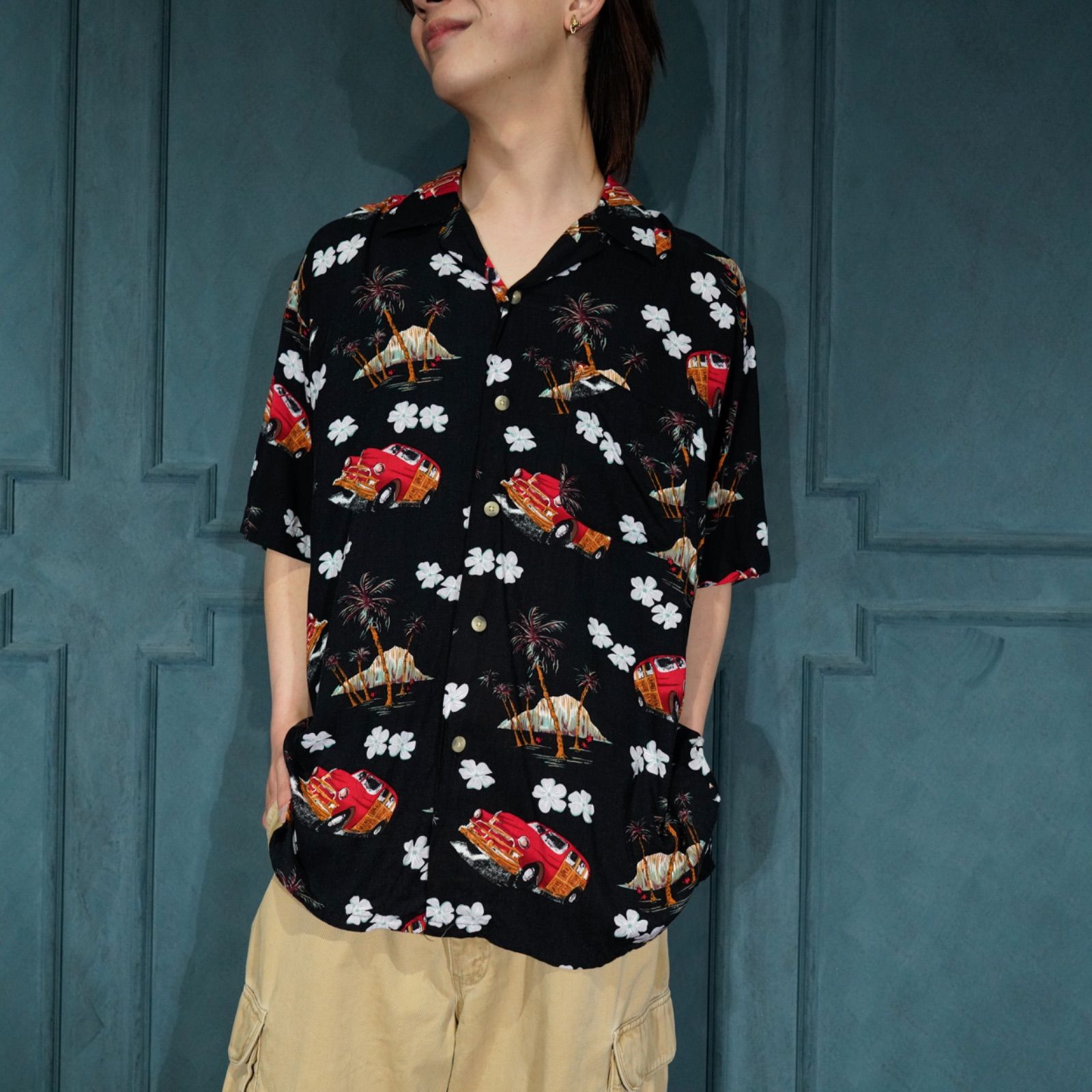 USA VINTAGE after Dark CAR PRINT OPEN COLLAR DESIGN RAYON SHIRT|アメリカ古着車プリントオープン デザインレーヨンシャツ