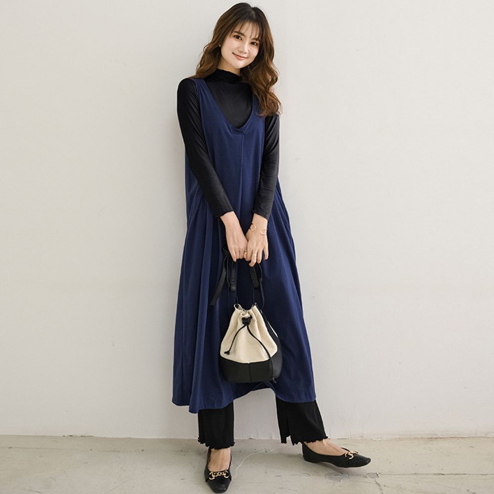 ロング ジャンパースカート vネック レディース ノースリーブ