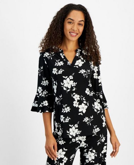 売れ筋商品|||カスパー カットソー トップス レディース Women's V-Neck Floral Flutter-Sleeve Top Black/Vanilla Ice 送料無料】 カスパール レディース シャツ トップス Women's V